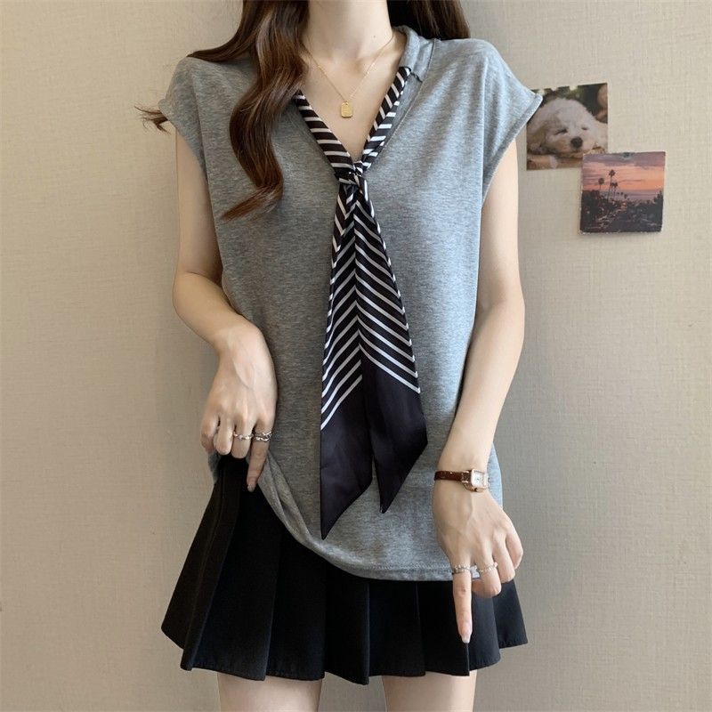 Plus-Size Casual Lazy Style V-Neck Tie Short-Sleeve T-Shirt for Women, New Summer Style, Loose Fit, Slimming, Fashionable Top for Women