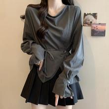 大码胖mm不规则收腰显瘦长袖衬衫女2025早秋新款宽松别致小衫上衣