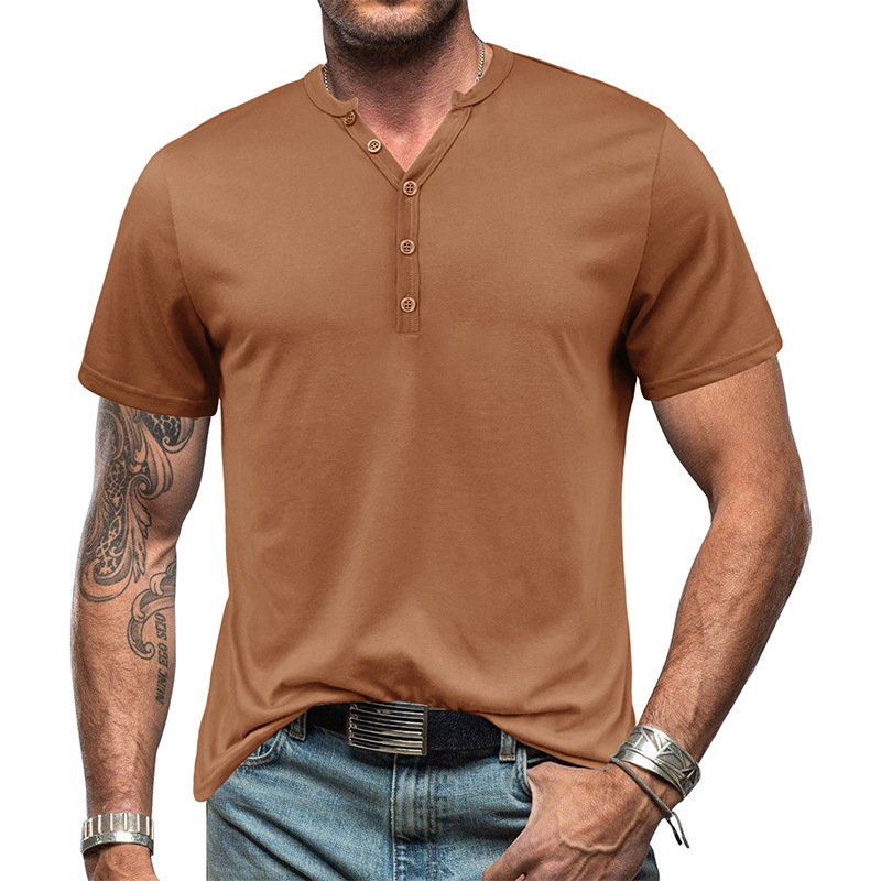 Heißer Sommer Atmungsaktive Herren Henry Kurzarm T-shirt Europäische und Amerikanische männer Taste Einfarbig T-shirt Top_voghion.com