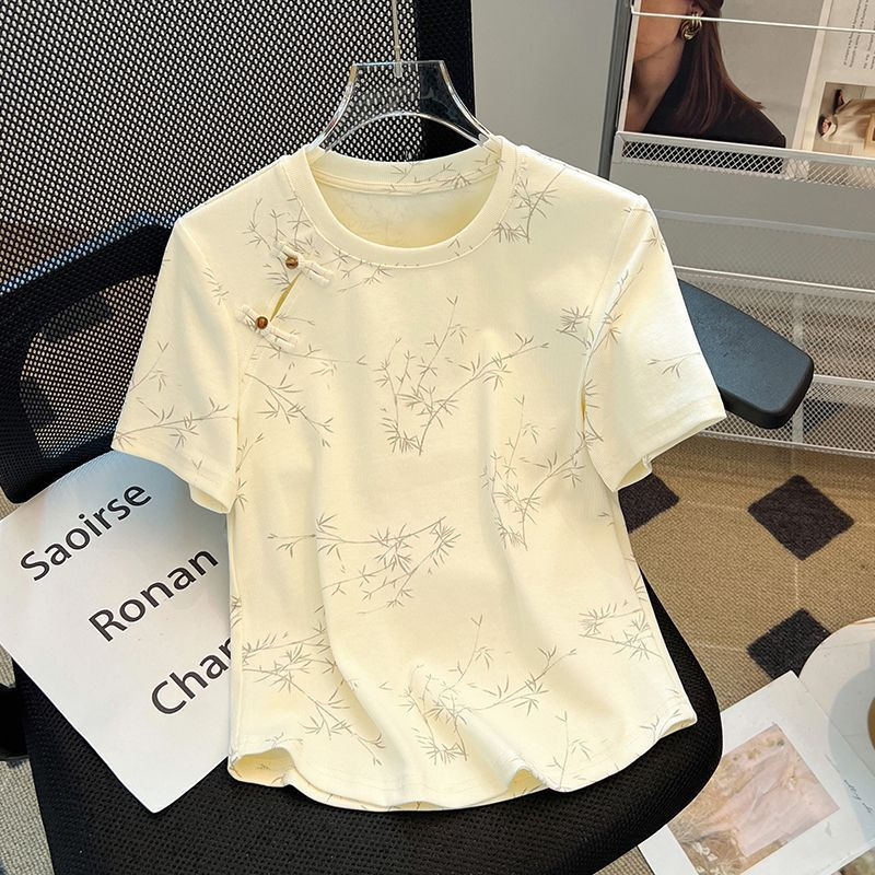 Plus-Size New Chinese-Style Button-Down Short-Sleeve T-Shirt for Women, Summer 2026 New Women's Clothing, Loose and Slimming Round-Neck Top