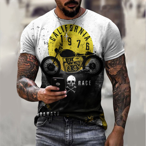 New trendy European and American import and export leather jacket style short sleeve casual 3D printed loose crew neck men's T-shirt cross-border
