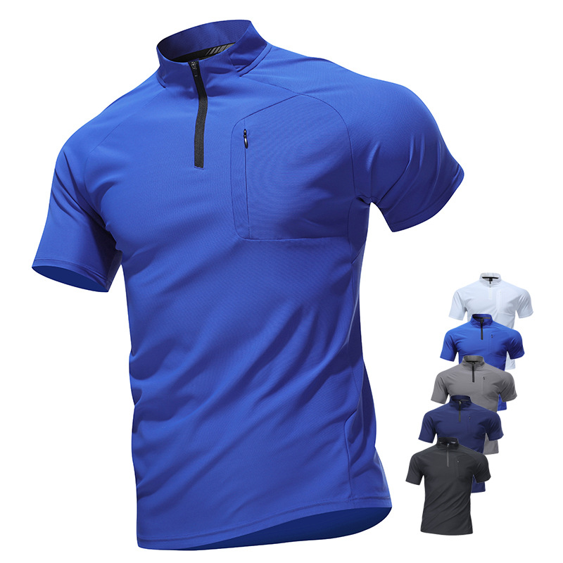 European and American Amazon Men's Half-Zip Quick-Dry Short-Sleeve Sports T-Shirt, Ice-Feel Stand-Up Collar Polo Shirt, Quick-Dry Fitness Wear