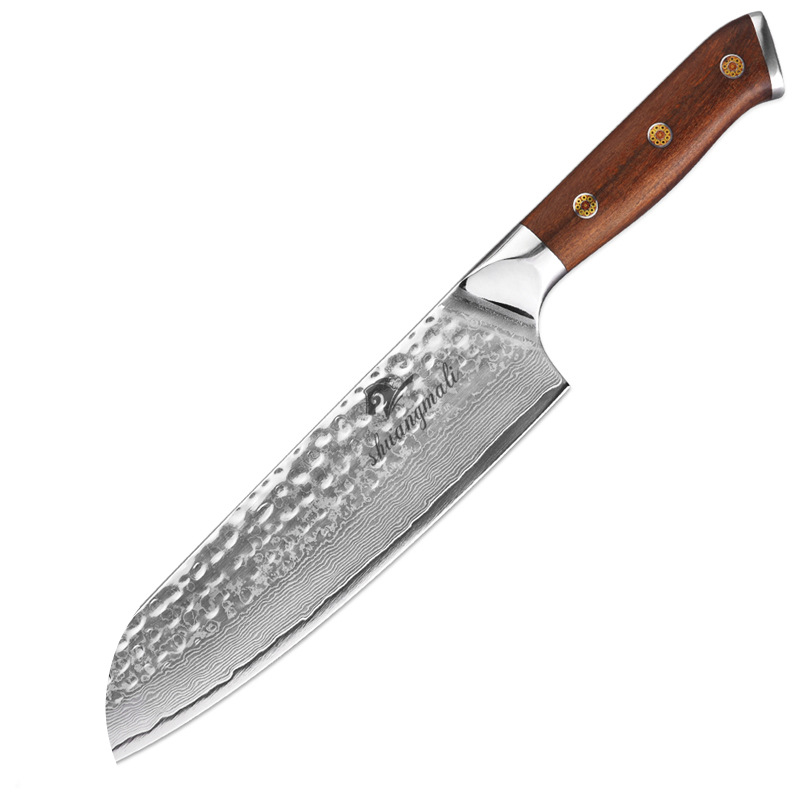 Juego de cuchillos de chef de 8 pulgadas y cuchillo multiusos de 5 pulgadas de acero de Damasco con patrón martillado de dos piezas, mango de madera de hierro arenado, caja de regalo para envío transfronterizo.