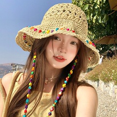 2025 カラフルなビーズの女性の麦わら帽子折りたたみ牧歌的なスタイルの手作り日よけ麦わら帽子屋外ビーチサンシェード帽子