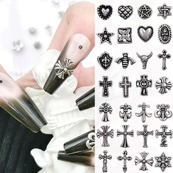 Vintage internet-famous nail art accessories in punk style, featuring crosses, hexagrams, and hearts, made of alloy, Chrome Hearts nail decorations