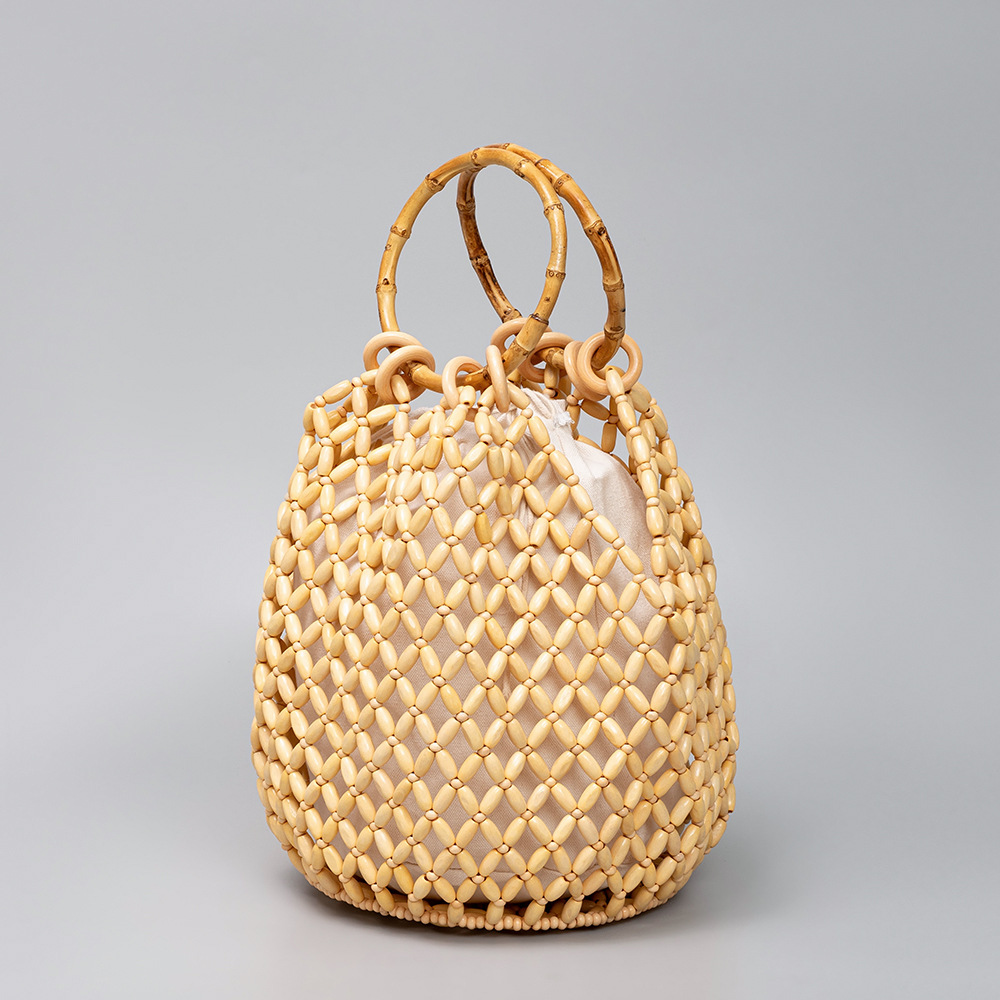 OLEI Large Capacity Wooden Bead Bucket Bag, Beach Vacation Travel Bamboo Handbag, Women's Hand-Woven Bag - Thumbnail 2