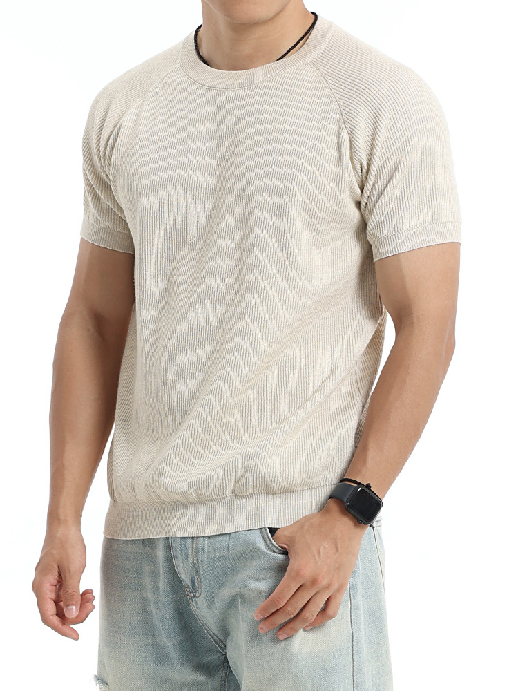 Verano hombre agujero tejido de manga corta cuello redondo inserción de hombro camiseta transpirable ligera de negocios casual alta sensación hombre