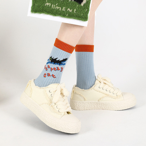Spring and Autumn New Product Ladies Fried Cat Cute Cartoon Socks Non-slip Sweat Absorbent Deodorant Mid-Tube Home Floor Socks