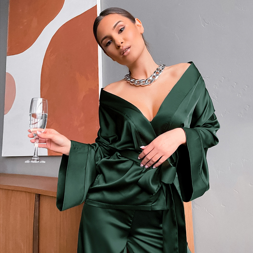 Spring Satin Long-sleeved Cardigan Lace-up Nightgown Set Women's European and American Household Loose Pants Pajamas Set 2024