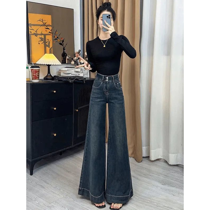 dark blue Micro-flare Jeans Women's Spring New Retro Low-rise Elegant Wide-leg Slimming Straight Horseshoe Pants