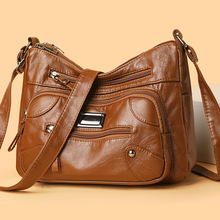 跨境水洗皮包女2025新款大容量多隔层中老年妈妈包休闲气质斜挎包