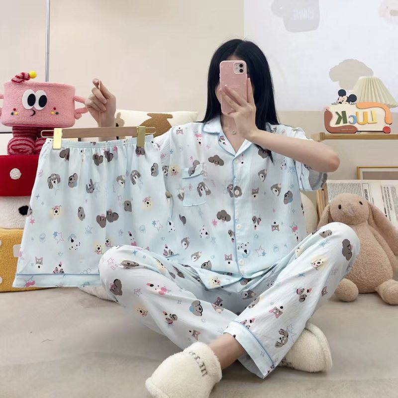日韩网红直播云朵棉睡衣女士三件套卡通印花翻领春夏季家居服套装|undefined