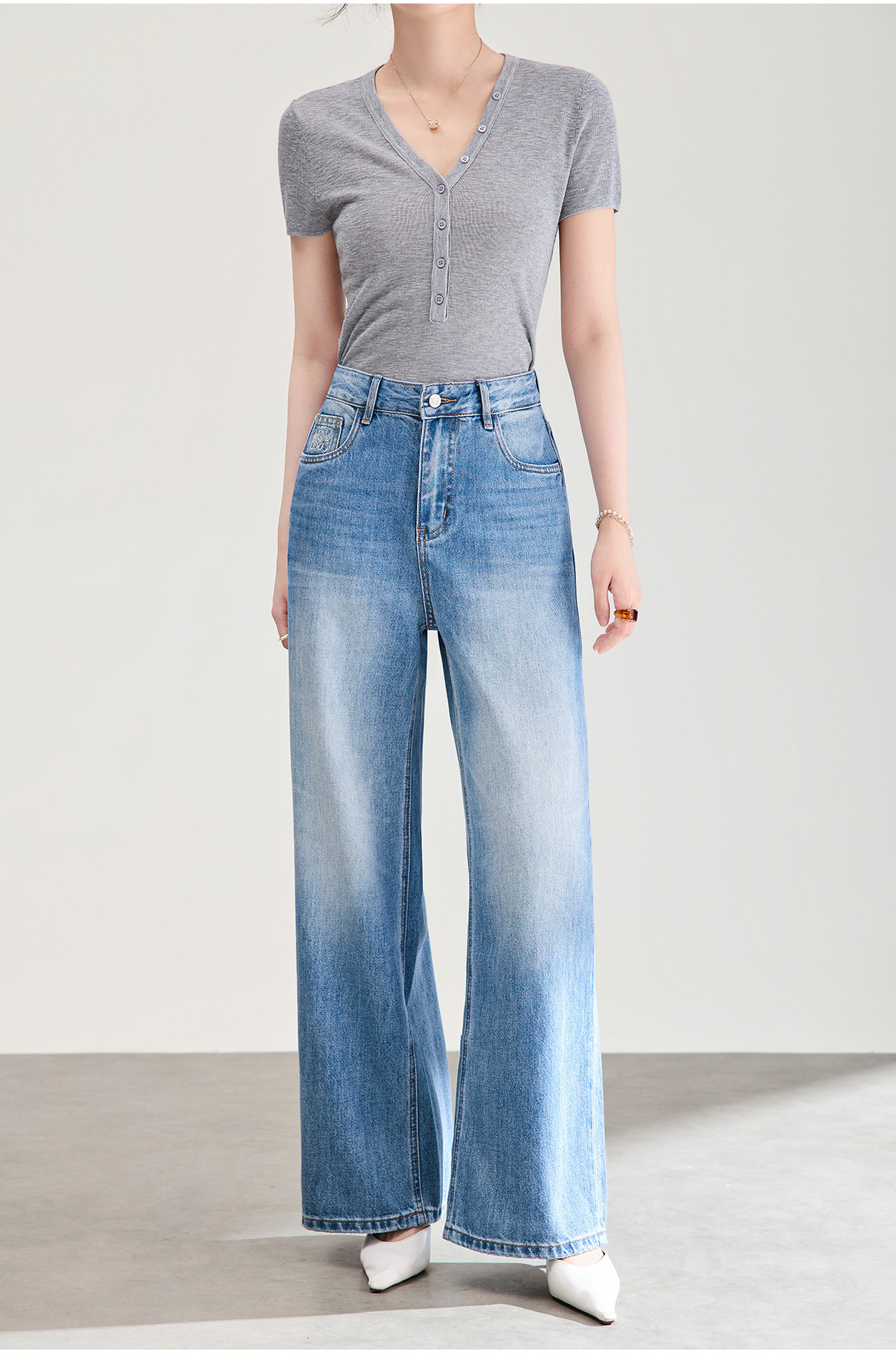 Quần jean ống rộng vải Tencel cotton phong cách retro, dáng suông rũ nhẹ mùa hè — xanh lam chi tiết 19