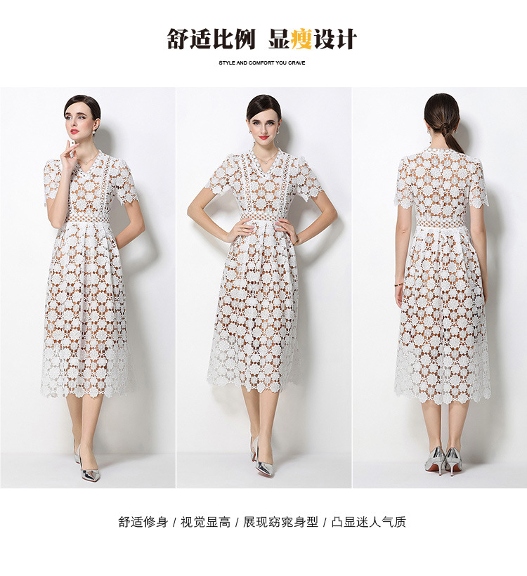 Đầm maxi nữ cổ V ren thắt eo tay ngắn họa tiết rỗng — màu đen, Rượu vang đỏ, màu hồng đậm, màu trắng chi tiết 76