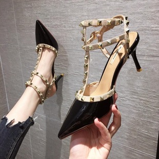 2022 Summer Pointed High Heels Women's Stiletto Heel Buckle Sandals Women's Willow Ding Wedding Shoes Mid-heel Single-layer Shoes Large Size