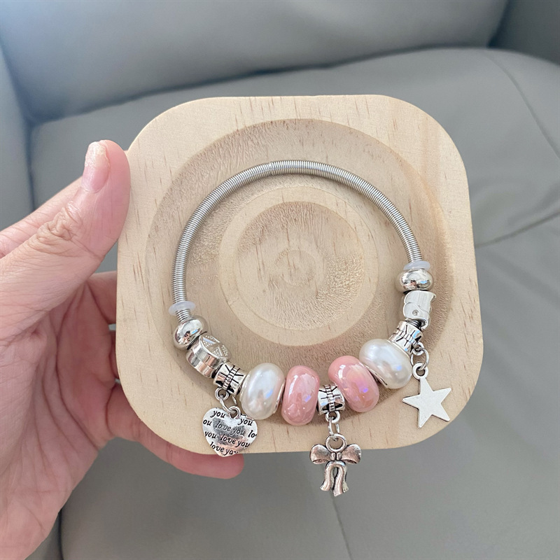 Pulsera de Acero Inoxidable Panjia Dora con Corazón y Oso, Pulsera Abierta con Cuentas para DIY, Joyería de Estilo Fresco, Éxito de Ventas en Amazon