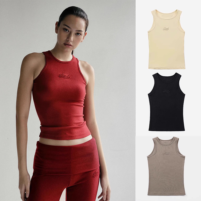 badblood American Style Spice I-shaped Vest Letter Embroidery Sports Base Sleeveless Solid Color Shoulder Top Women's Summer