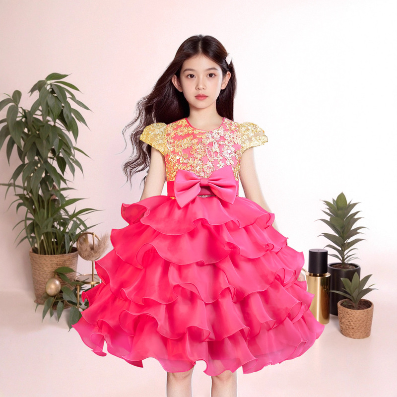 儿童礼服蛋糕蓬蓬裙小主持人蝴蝶结绣花欧根纱女童婚礼走秀连衣裙|undefined