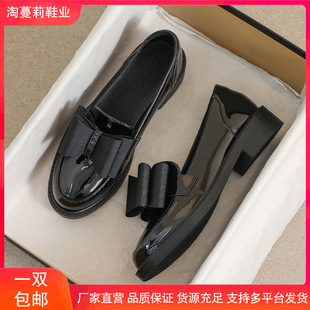 Genuine Leather Small Leather Shoes for Women 2025 Autum British Style Black Flats Thin Soft Leather Mid-Heeled Beanie Professional Work Shoes