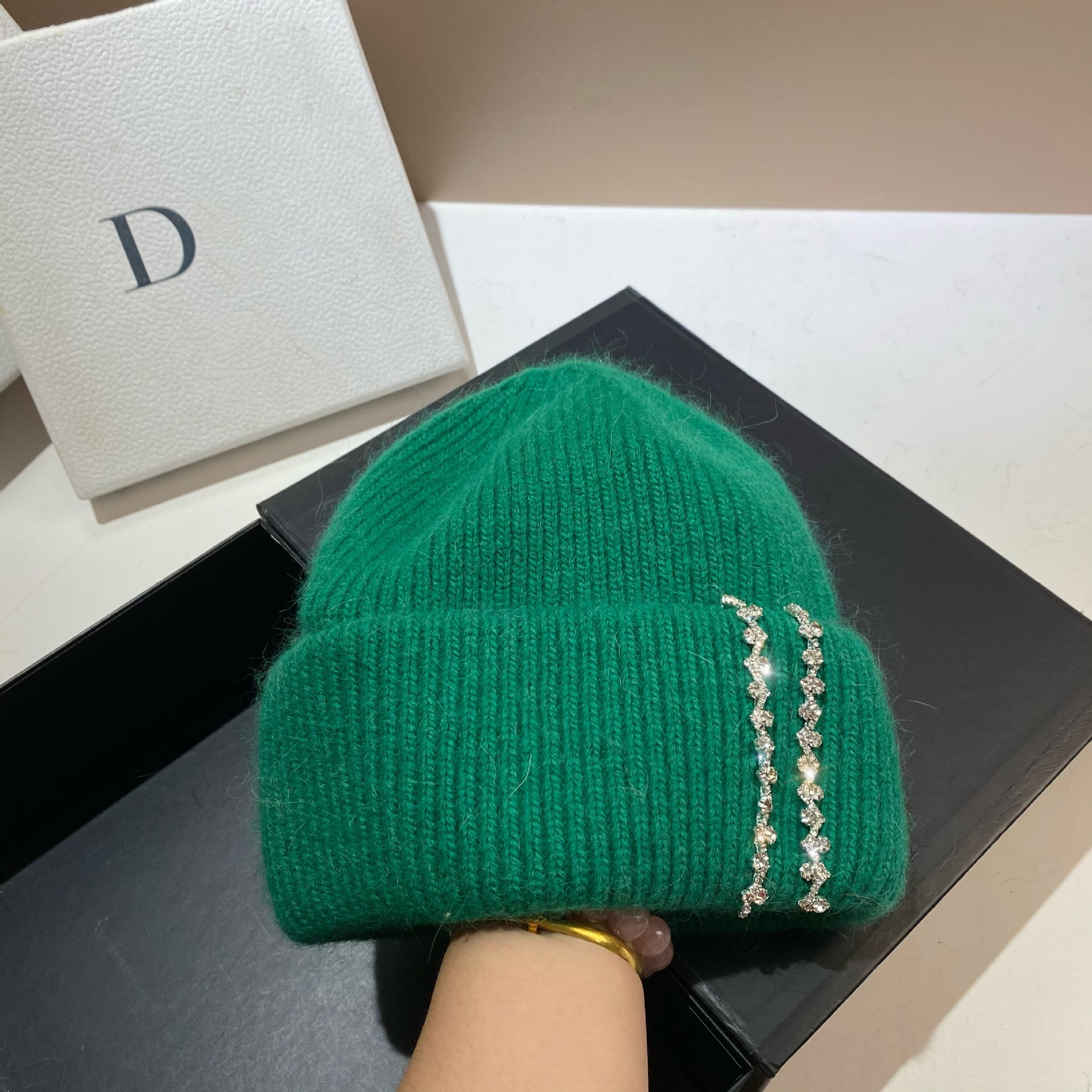 Winter-Thermomütze für den Außenbereich, langes Kaninchenhaar, doppelt gefaltete Strickmütze, Mode-Promi-Feng-Shui-Diamant-Wollmütze_voghion.com