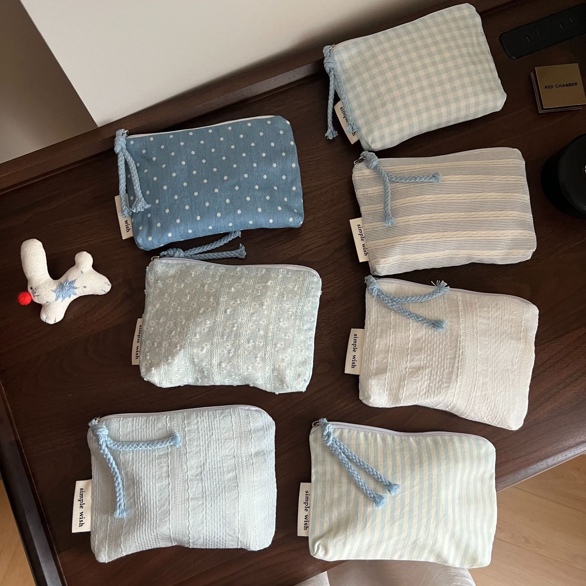 【Suxi Cloth Bag】Summer Fresh Blue Striped Plaid Polka Dot Print Mini Cotton Coin Purse Card Holder Menstrual Bag