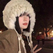 加厚毛绒绒针织真兔毛帽子女秋冬防寒毛线流苏显脸小大头围包头帽