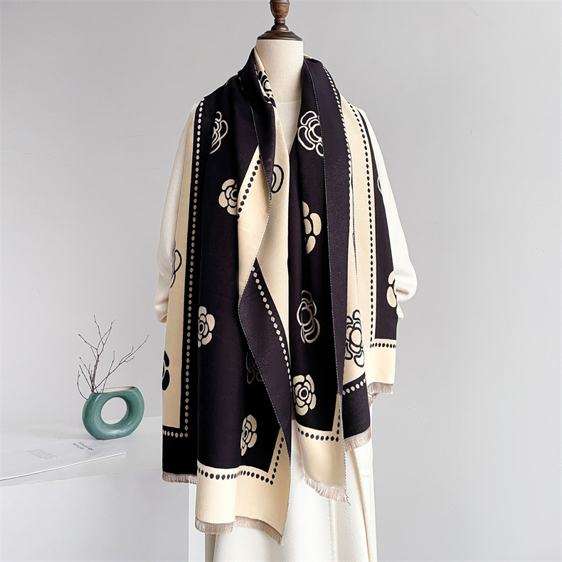 Temperament small fragrant scarf women's versatile coat decorative warm camellia scarf dual-purpose cashmere shawl thick_voghion.com