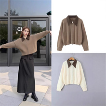 za欧美秋冬新款氛围感翻领毛衣针织开衫短外套上衣