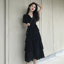 TZ2654新款女夏季桔梗法式黑色连衣裙V领中长款亮闪闪蛋糕裙子