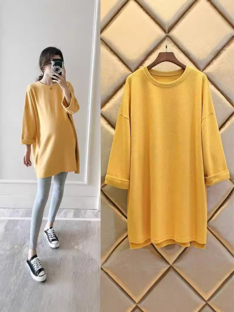 Maternity Wear Spring Fall Maternity Hoodie Mid-length Korean Style Fashion Spring Fall Loose Plus Size Long Sleeve Top