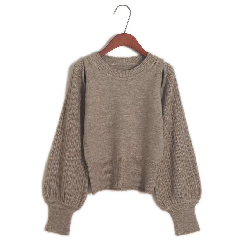 Round Neck Sweater Pullover Women's Lantern Sleeve Solid Color Niche New Style Shirt Autumn and Winter New Style Shoulder Hollow Winter