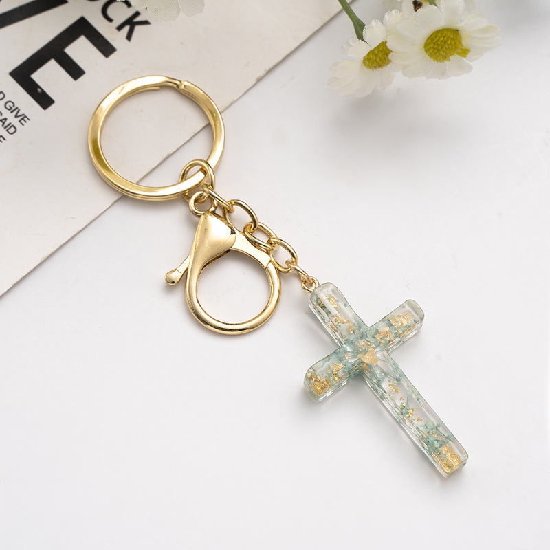 新款亚马逊欧美流行手工滴胶真花朵创意十字架钥匙扣创意挂饰包包|undefined