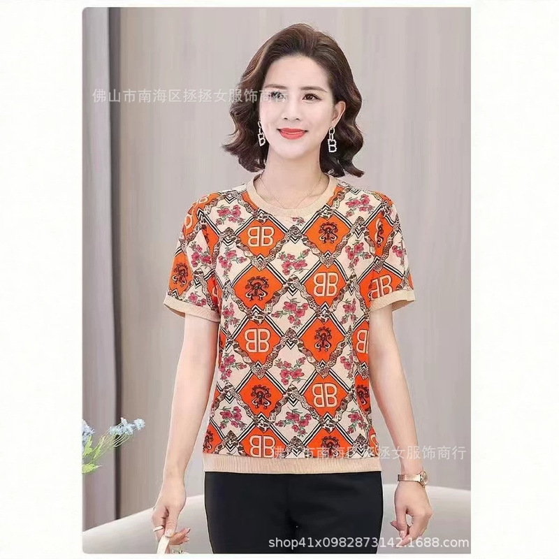 Summer Middle-Aged and Elderly Women's Short-Sleeved T-Shirts, Ice Silk Hole Cloth, Loose Round Neck Printed Mother's Tops, Street Stalls