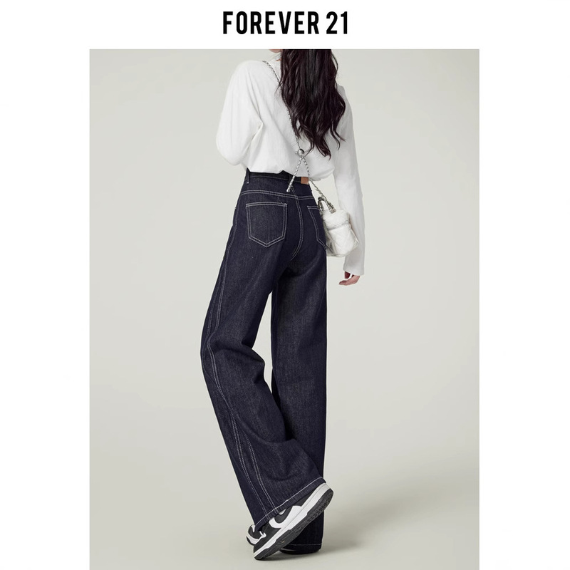 Forever 21 Design Denim Blue Straight Jeans for Women Spring & Fall Straight Loose High Waist Narrow Wide Leg Pants