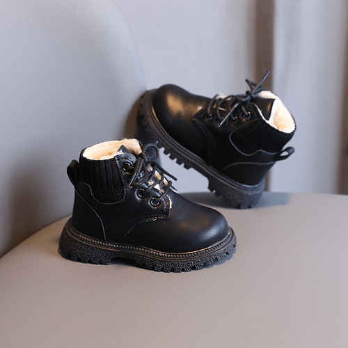  Kids Winter Solid Color Fleece Lined Short Boots for Boys Fashion Martin Boots for Girls Soft Sole Boots with Thick Cotton Leather