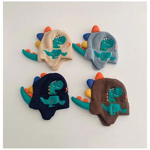 New Little Dinosaur Cartoon Ear Protection Hat for Boys and Girls, Autumn and Winter Kidsren's and Girls' Windproof Woolen Hats, Korean Style Cute