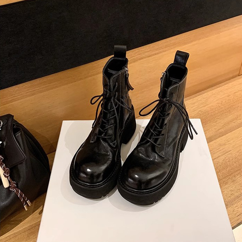 Botas de Motociclista de Tacón Grueso con Cordones de Cuero Lavado Retro de Otoño, Botas Cortas de Exterior para Mujer, Botas Estilo Martin