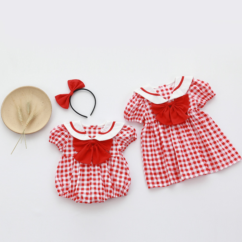Summer Girls' Skirts Sister Set Red Dress Baby Short Sleeve Pajama Suit Baby Korean Children's Clothing Princess Dress