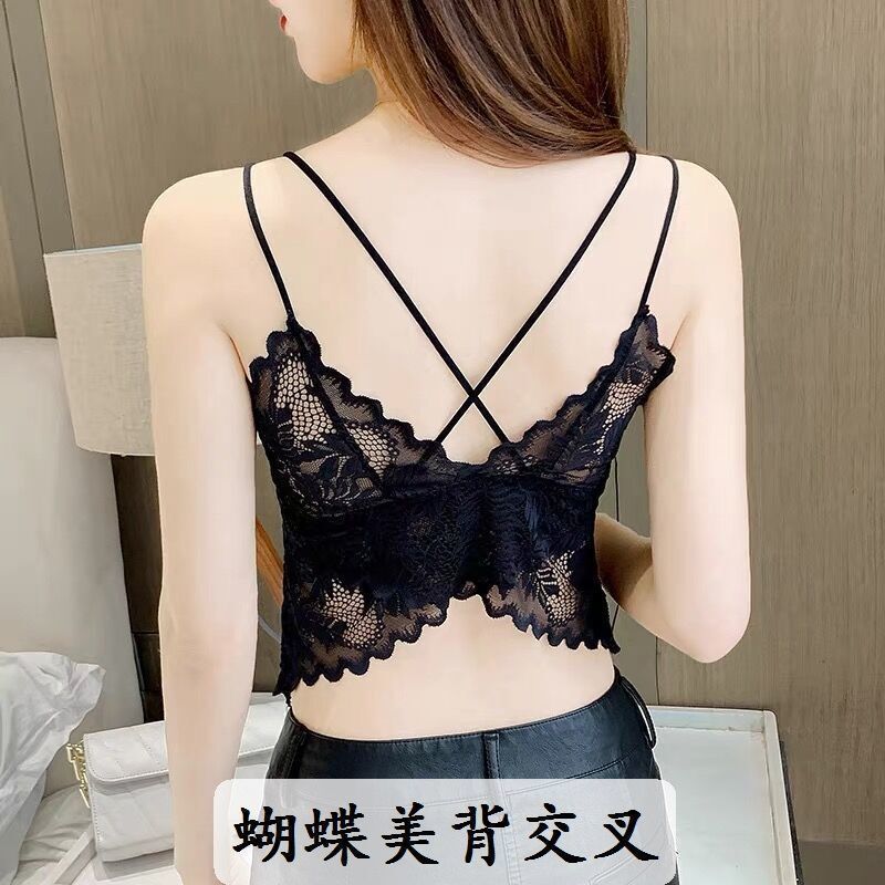 Lace Backless Camisole Integrated Bra with Removable Chest Pads and Cross Design, Sexy Outerwear or Innerwear Top