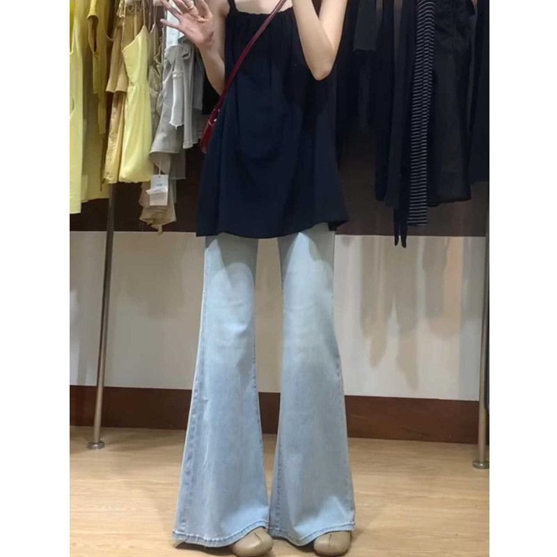 라이트 블루 Weila Jeans 여성용 2024 년 봄과 가을 새로운 미국 레트로 레그가없는 말굽 바지 슬리밍 바지