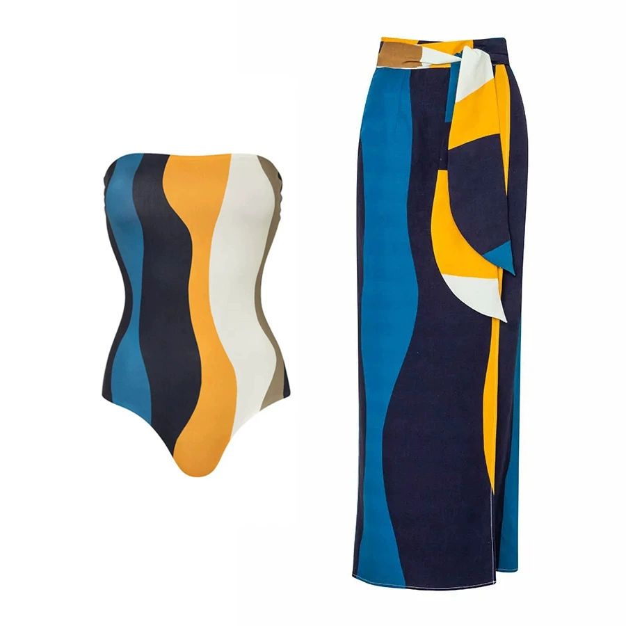 One-Piece Swimsuit (Qiao Jiayuan) 2025 Retro Style with Wrap Skirt, Crane Print, S–XL & One Size