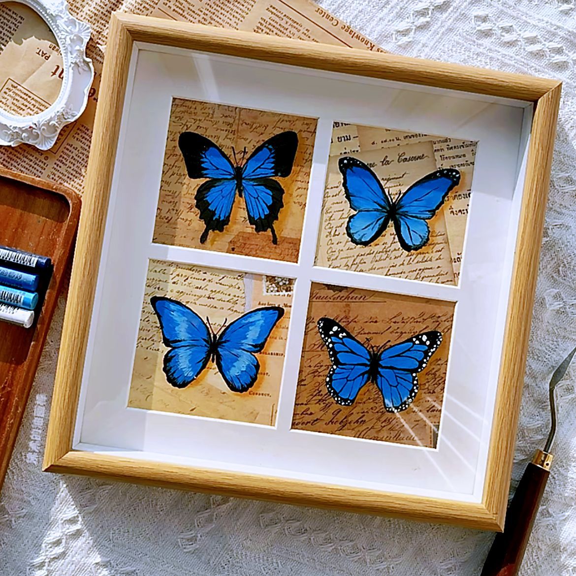 木質中空立體油畫棒肌理創意相框四宮格手工裝裱畫框創意擺台禮物