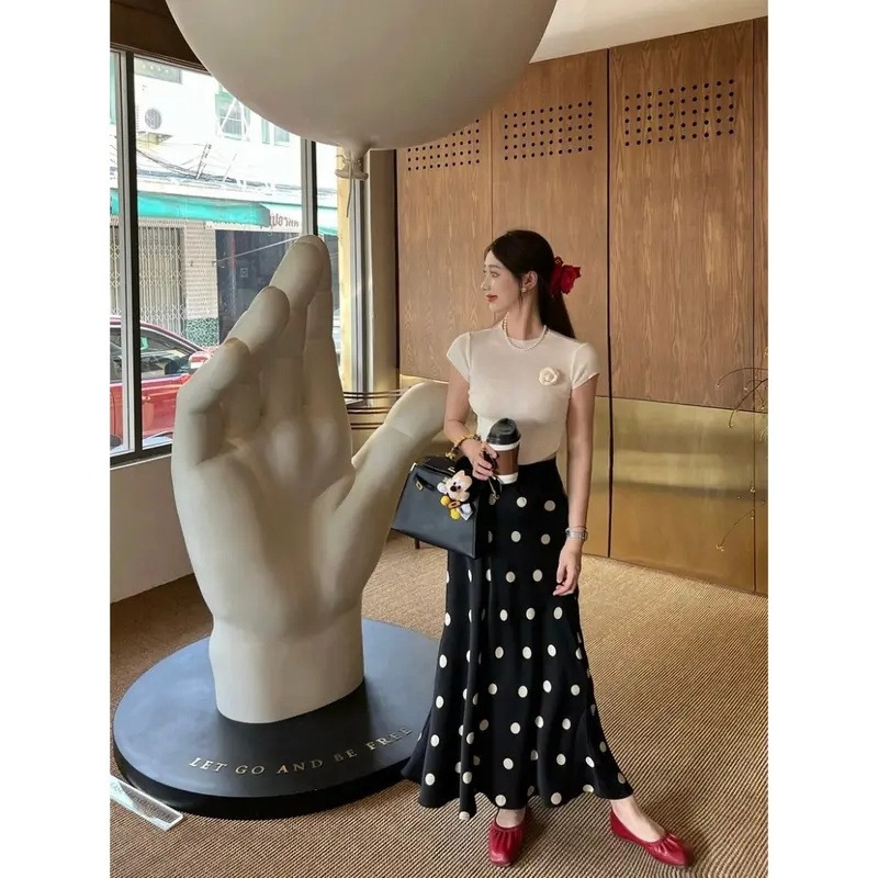 2025 Summer Acetate Polka Dot Skirt Women's French Retro Fishtail Long Skirt Tea Style Outfit Floral Skirt 2025 Summer Acetate Polka Dot Skirt Women's French Retro Fishtail Long Skirt Tea Style Outfit Floral Skirt