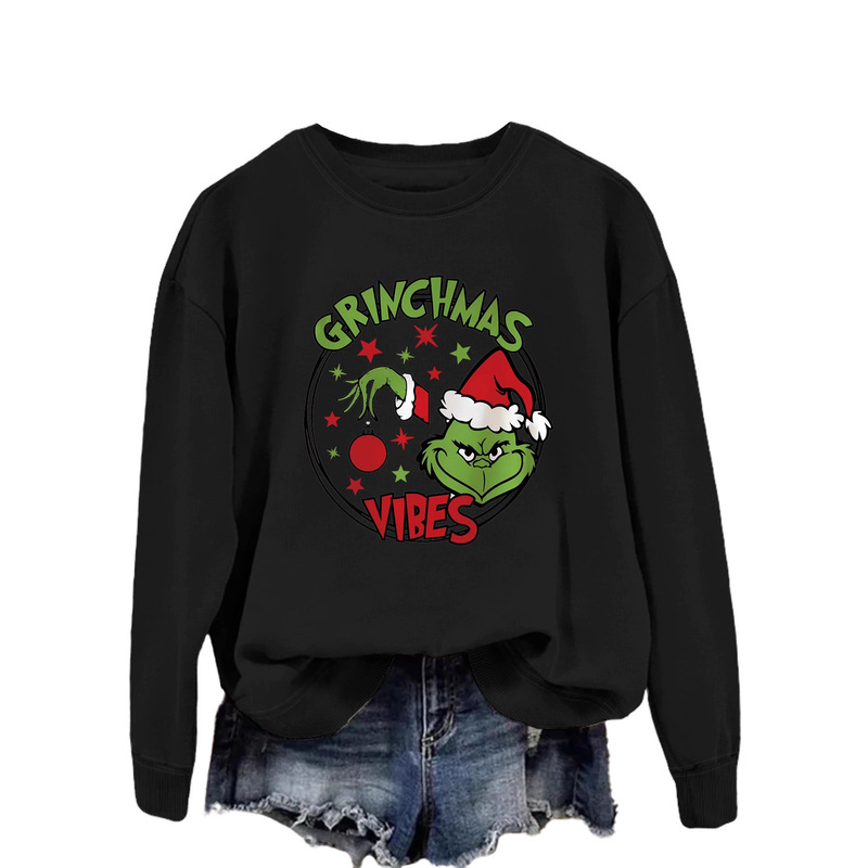 European and American Christmas Grinchmas Vibes Grinch Fun Print New Flow Sweatshirt Women's New Versatile Top European and American Christmas Grinchmas Vibes Grinch Fun Print New Flow Sweatshirt Women's New Versatile Top