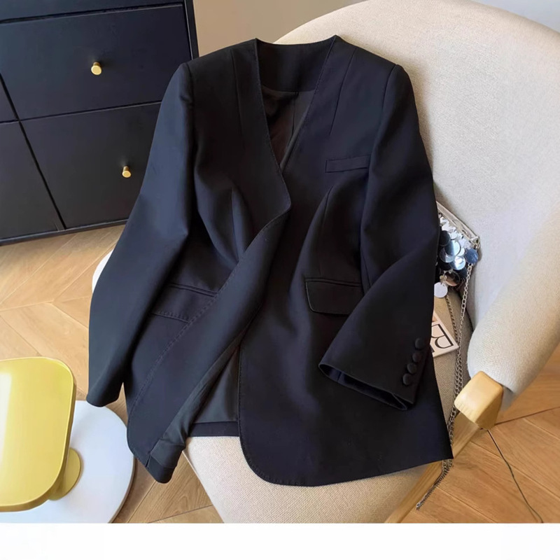 Spot Elegant Texture Black Collarless Suit Jacket for Women Spring and Autum Loose Slimming Look Work Clothing White Collar Suit for Women