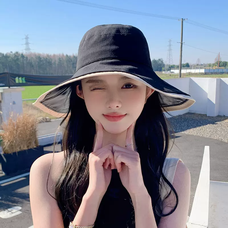 春秋渔夫帽女黑胶防晒帽夏季蝴蝶结可折叠时尚遮阳太阳帽大帽檐