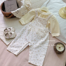 婴幼儿宝宝女秋款长袖浅黄花边上衣灯芯绒碎花背带裤爬服两件套装
