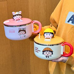 304 ステンレス鋼本物のちびまる子ちゃんインスタントラーメンボウル学生寮漫画大型ラウンドインスタントラーメンカップ蓋付き