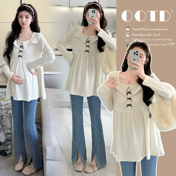 2025 Retro Square Neck Bow Knitted Babydoll Maternity Top