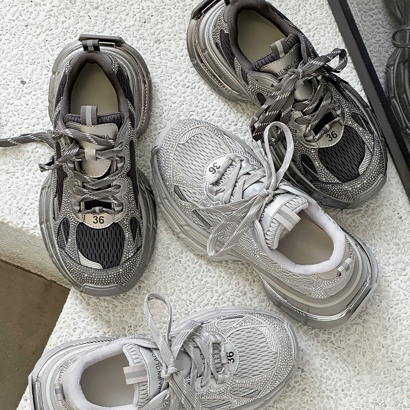 Обувь папы женская двухсторонняя сетка легкая 2024 новая модная мода дикие стразы с толстым дном для повышения повседневной спортивной обуви